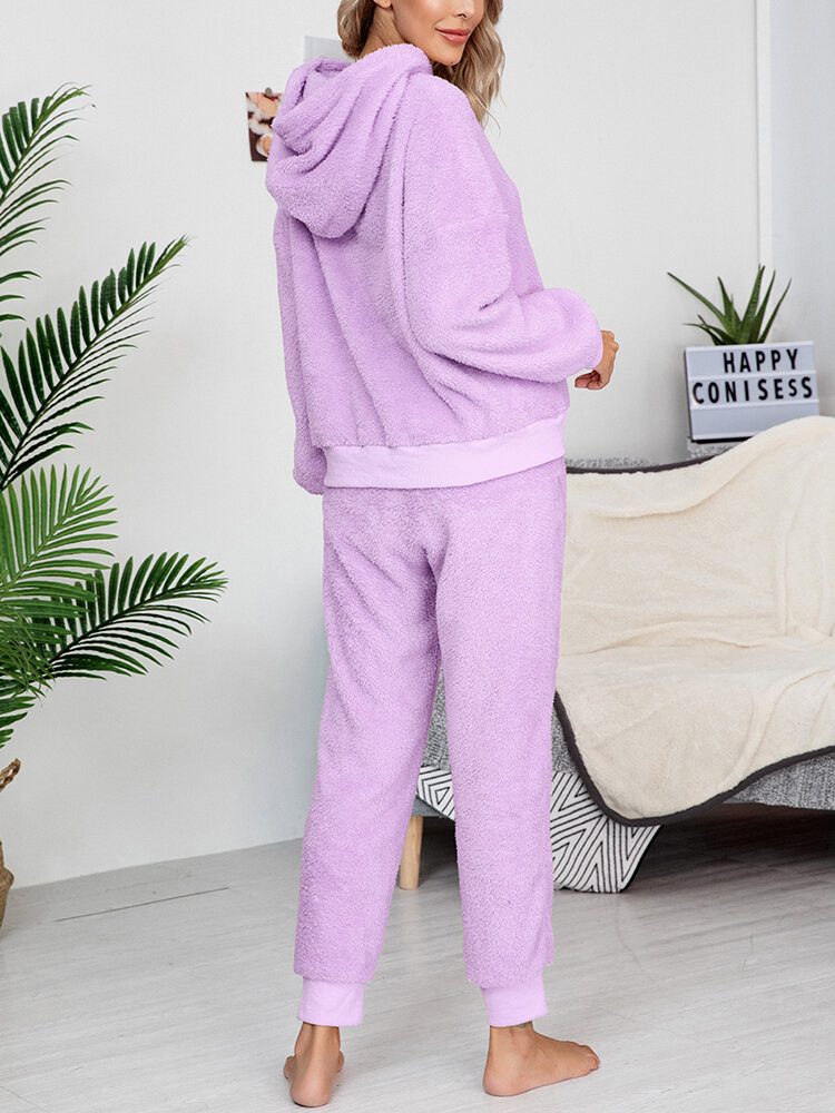 Dame Fleece Tykk Ensfarget Pullover Hettegenser Joggerbukser Hjem Uformelt Pyjamassett