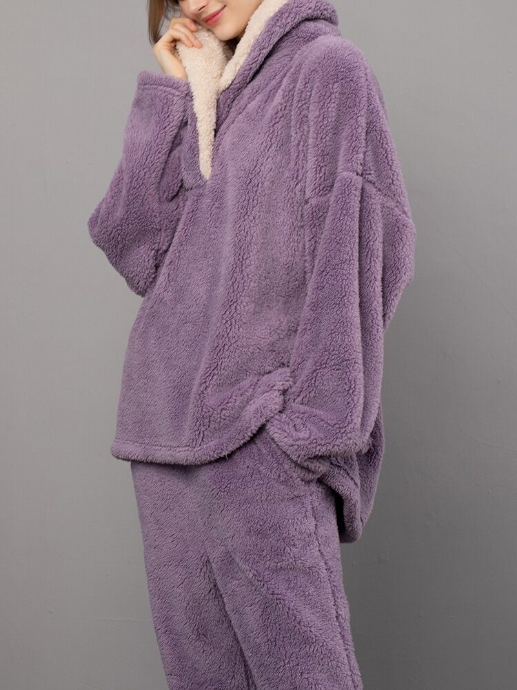 Dame Fluffy Plush Thicken Lapel Høy Lav Hem Loungewear Varm Pyjamassett