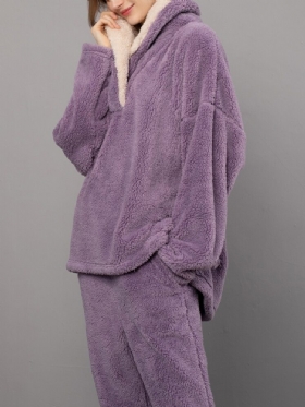 Dame Fluffy Plush Thicken Lapel Høy Lav Hem Loungewear Varm Pyjamassett