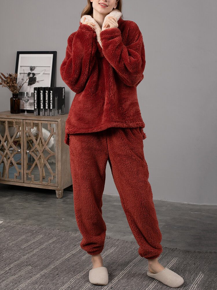 Dame Fluffy Plush Thicken Lapel Høy Lav Hem Loungewear Varm Pyjamassett