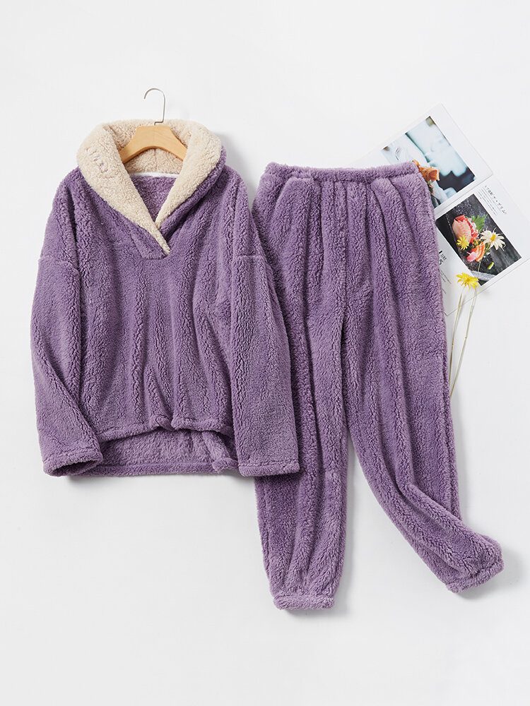 Dame Fluffy Plush Thicken Lapel Høy Lav Hem Loungewear Varm Pyjamassett