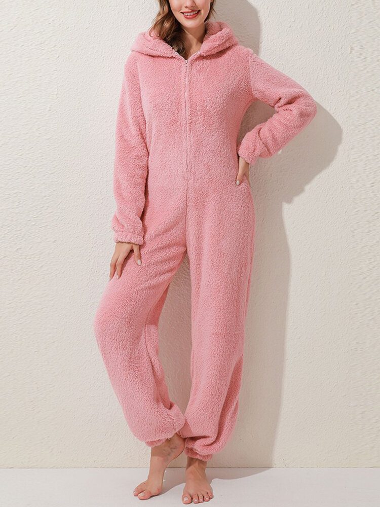 Dame Fluffy Plysj Glidelås Søt Hette Hjem Langermet Varm Natttøy Jumpsuits