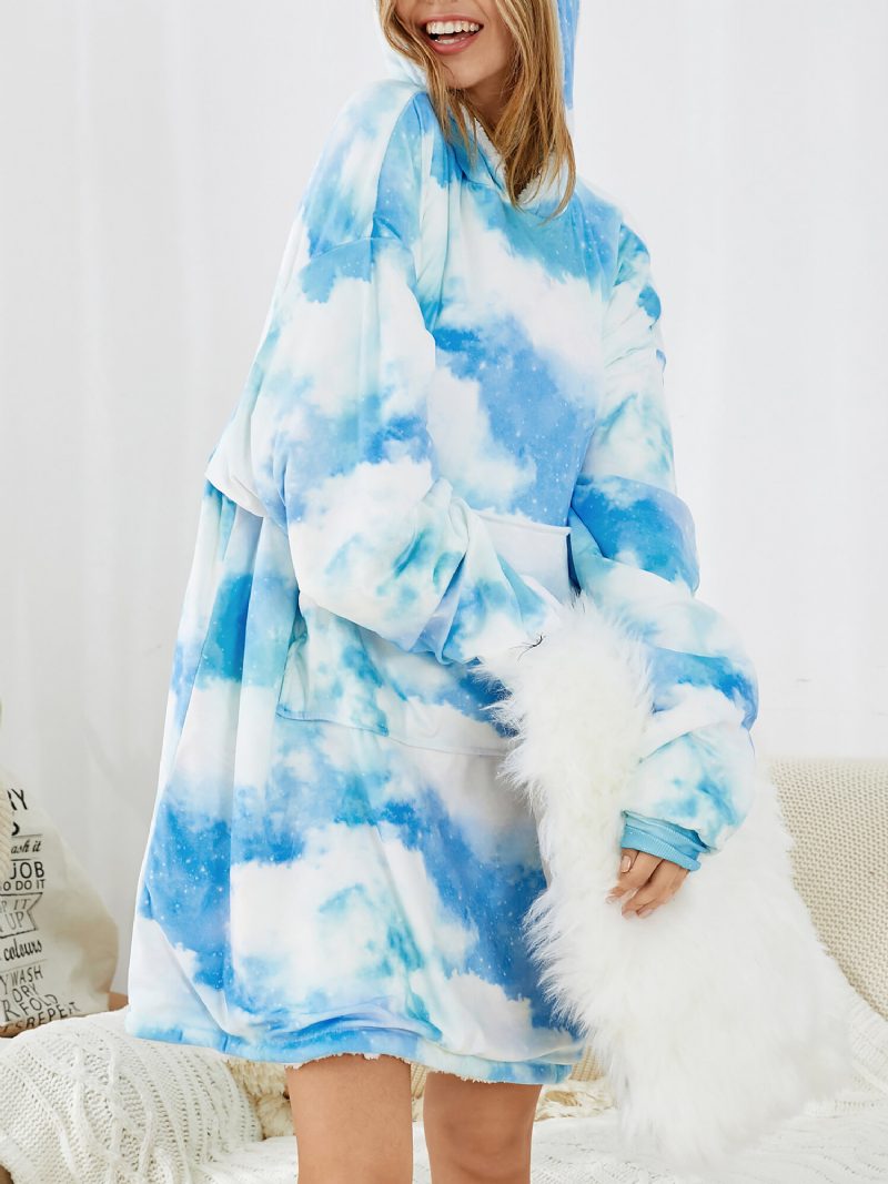 Dame Himmel Landskapstrykk Veske Lomme Vendbart Teppe Hettegenser Varm Tykk Oversized Homewear