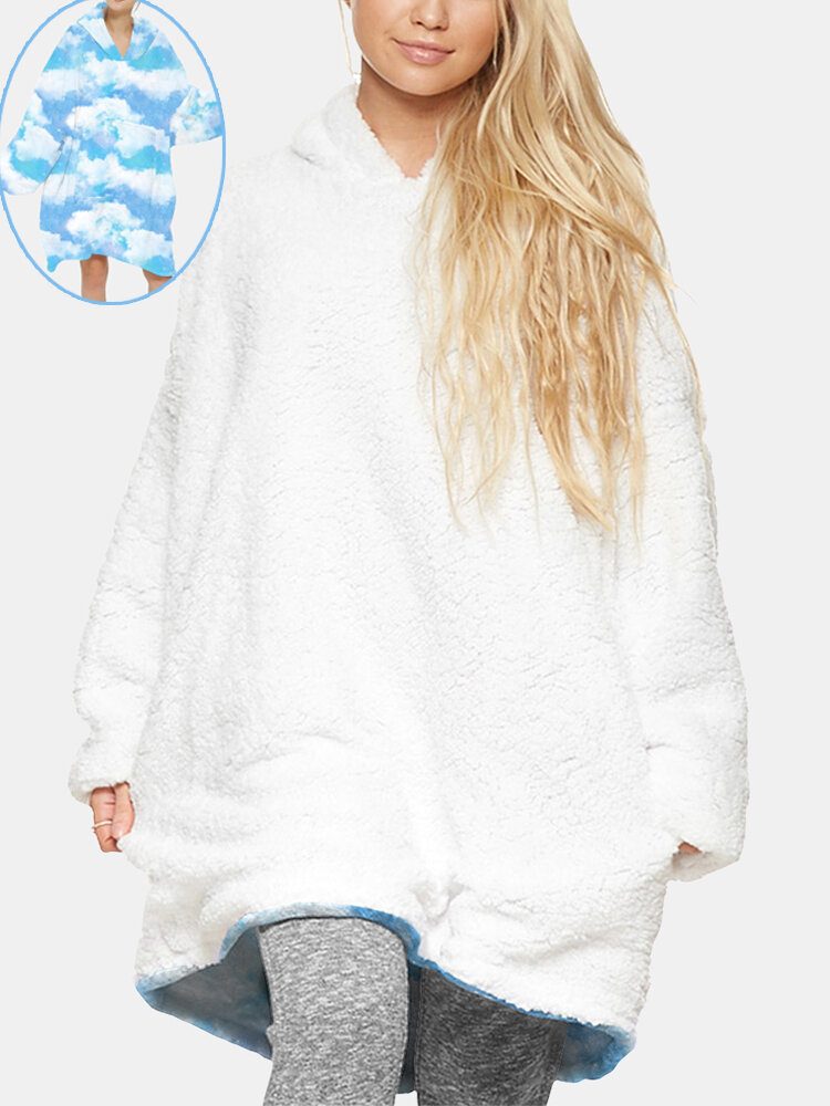 Dame Himmel Landskapstrykk Veske Lomme Vendbart Teppe Hettegenser Varm Tykk Oversized Homewear