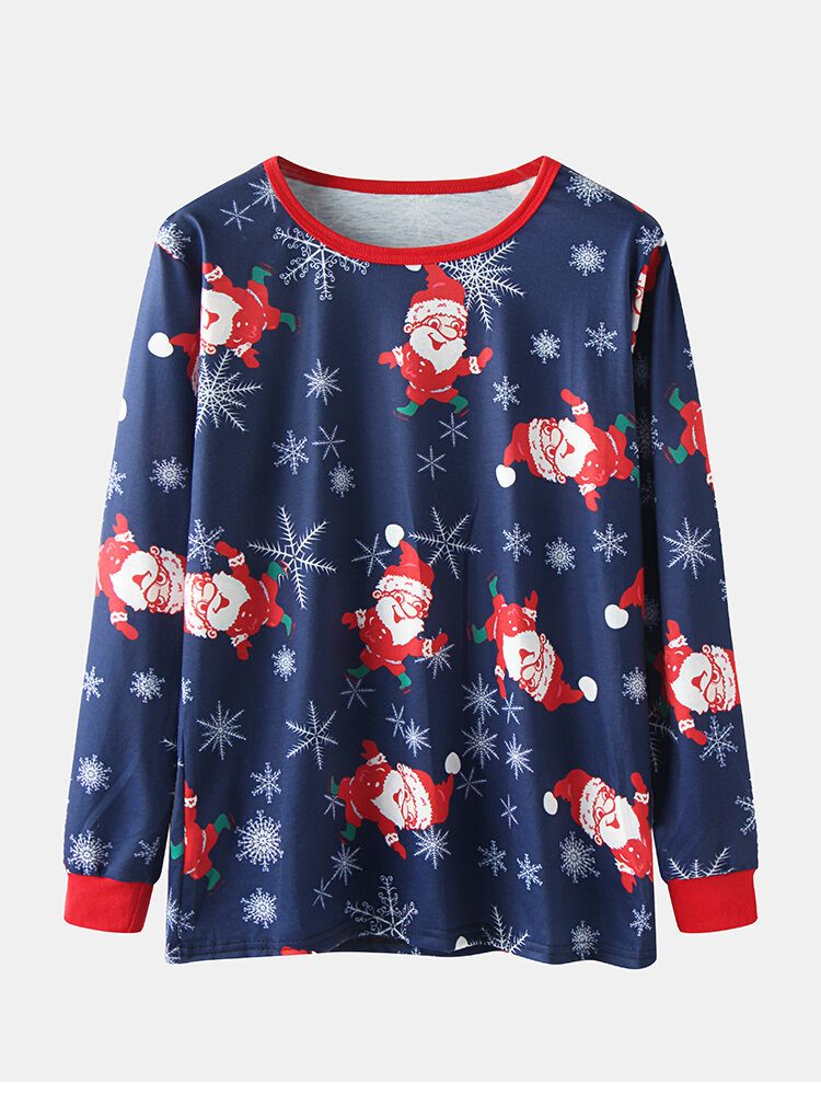 Dame Julenisse Print Langermet Pullover Løs Elastisk Midjebukser Julepysjamassett