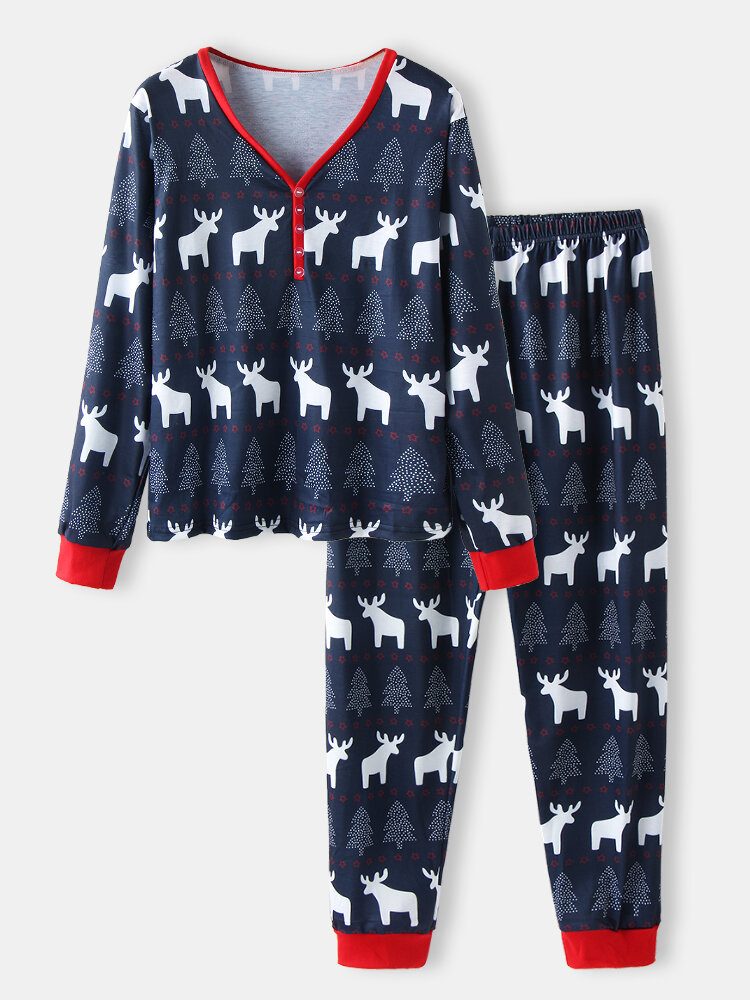 Dame Julestil Design Print V-hals Pullover Elastisk Midje Joggerbukser Todelt Hjemmepyjamassett