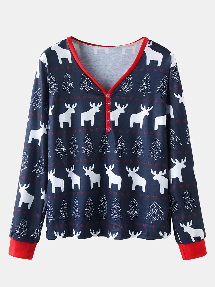 Dame Julestil Design Print V-hals Pullover Elastisk Midje Joggerbukser Todelt Hjemmepyjamassett