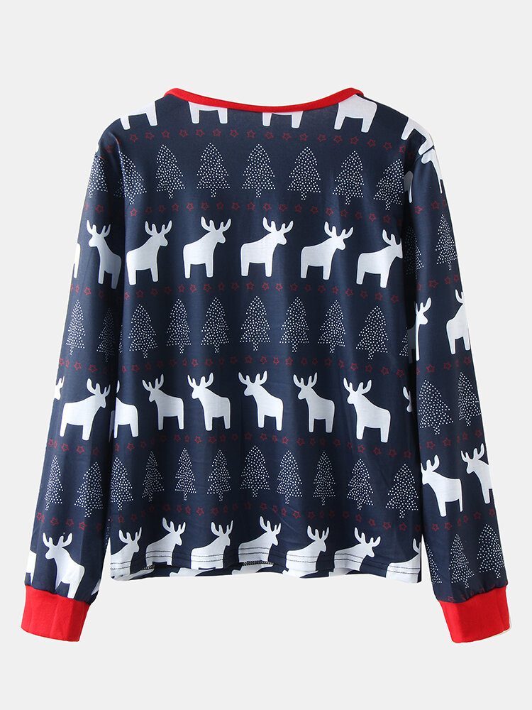 Dame Julestil Design Print V-hals Pullover Elastisk Midje Joggerbukser Todelt Hjemmepyjamassett