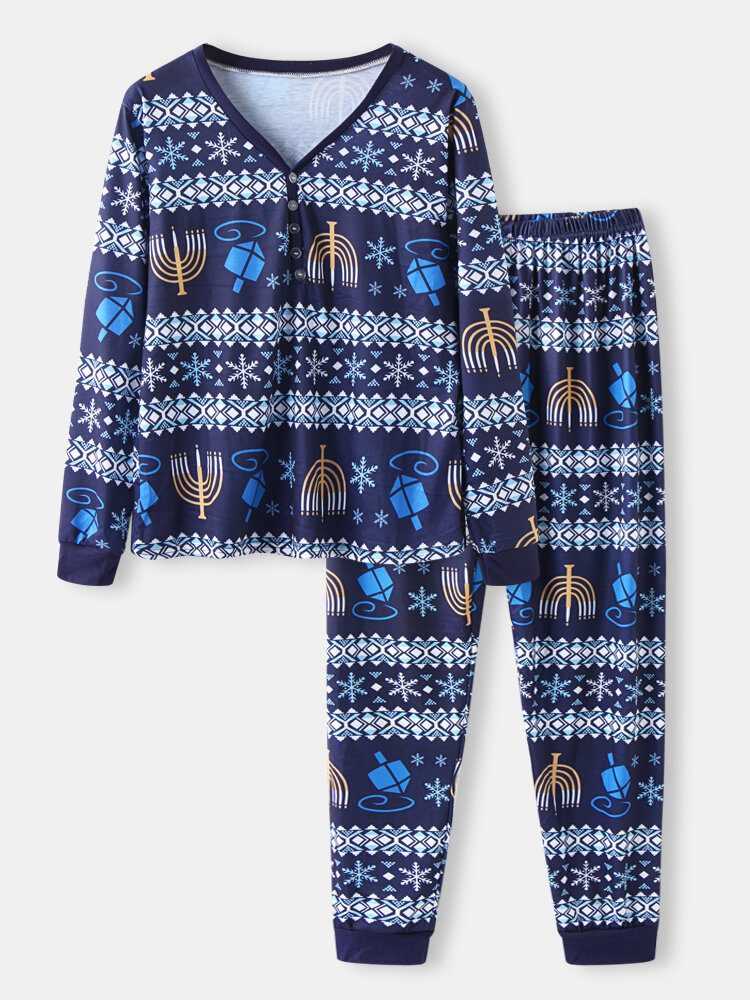 Dame Julestil Print V-hals Langermet Pullover Løse Bukser Todelt Pyjamassett