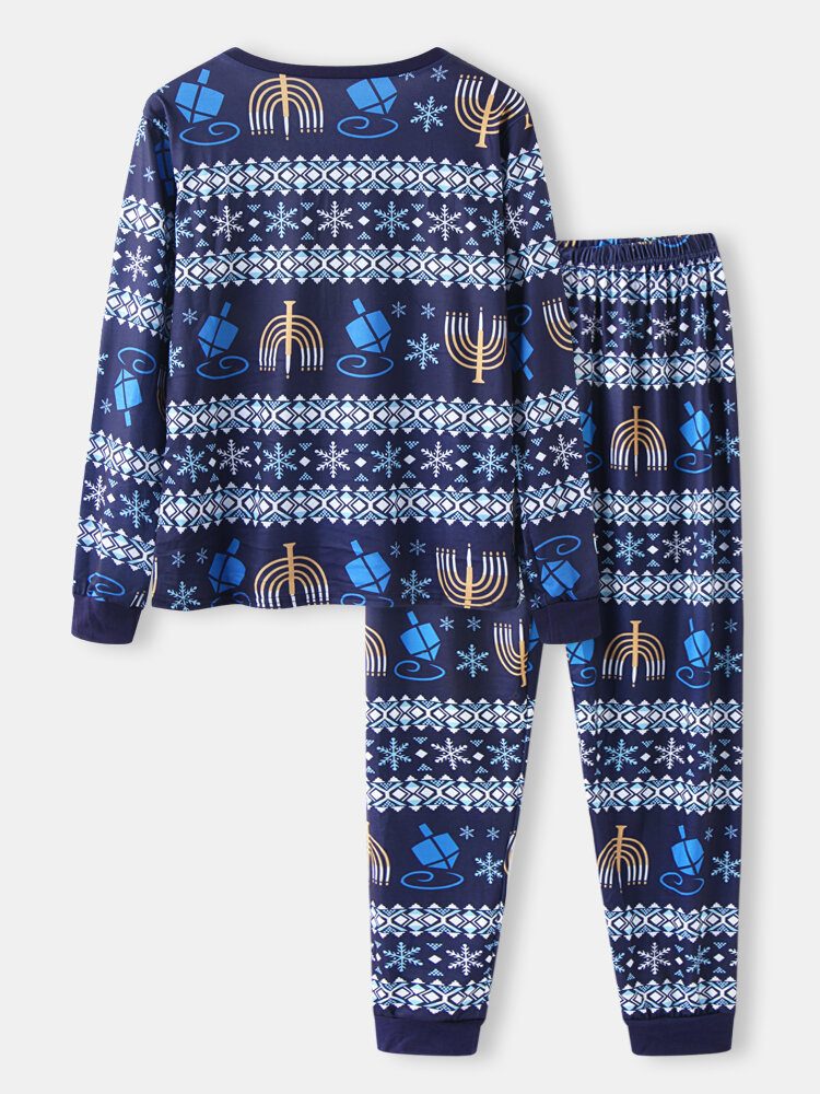 Dame Julestil Print V-hals Langermet Pullover Løse Bukser Todelt Pyjamassett