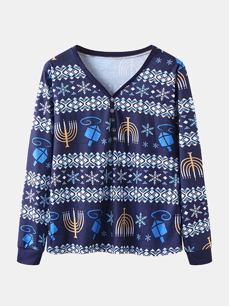 Dame Julestil Print V-hals Langermet Pullover Løse Bukser Todelt Pyjamassett