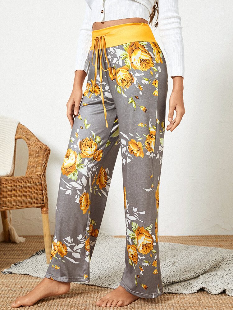 Dame Pluss Størrelse Blomster Print Snøring Midje Løs Hjem Uformell Pyjamas Bukser