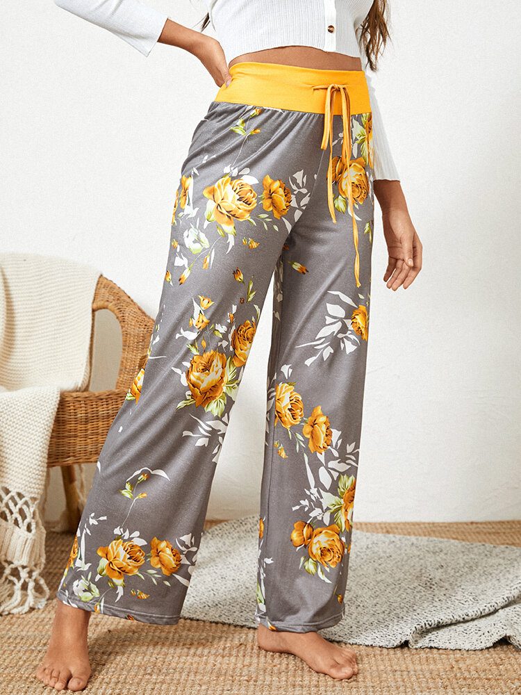 Dame Pluss Størrelse Blomster Print Snøring Midje Løs Hjem Uformell Pyjamas Bukser