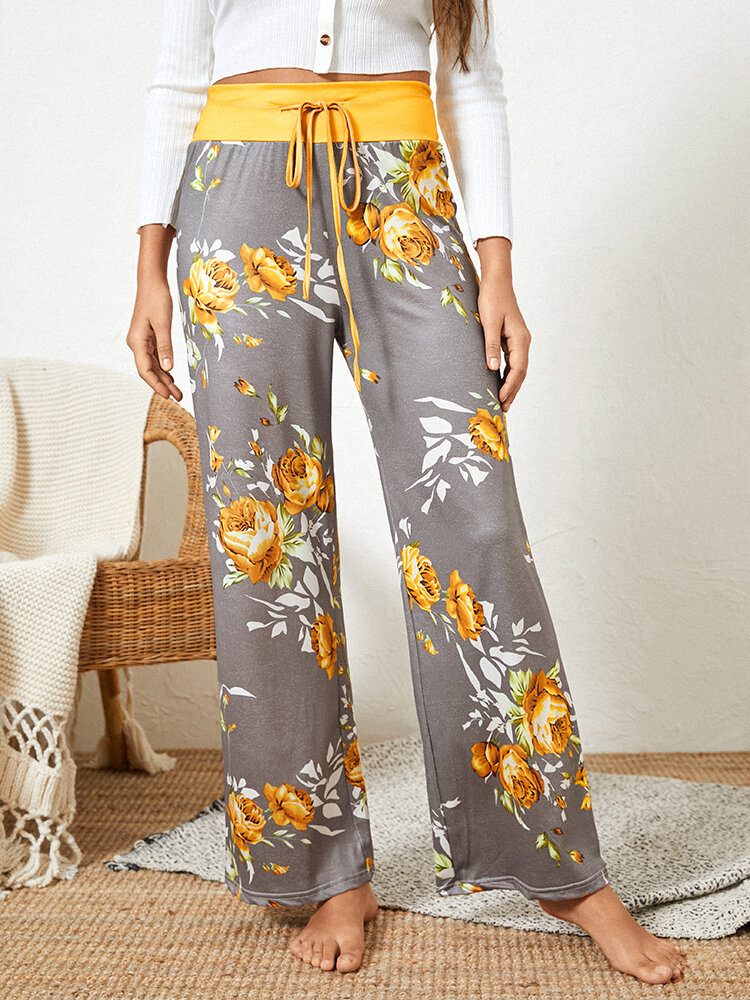 Dame Pluss Størrelse Blomster Print Snøring Midje Løs Hjem Uformell Pyjamas Bukser