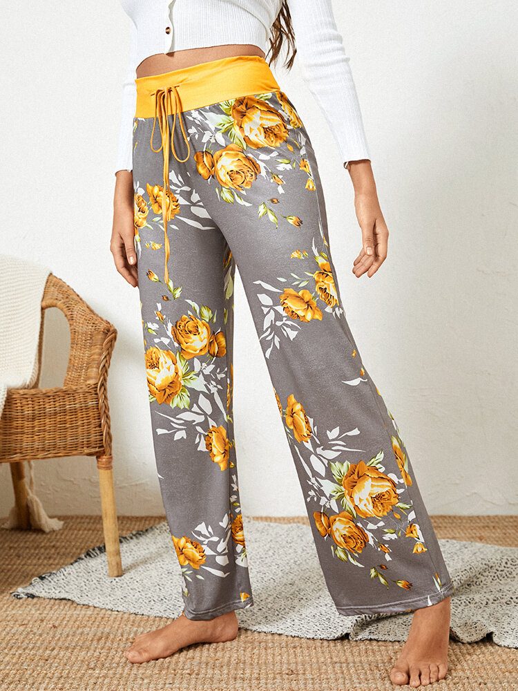 Dame Pluss Størrelse Blomster Print Snøring Midje Løs Hjem Uformell Pyjamas Bukser