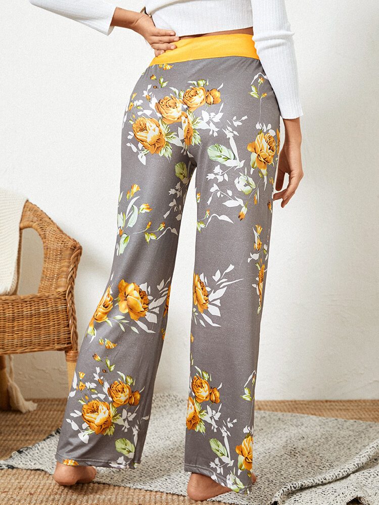 Dame Pluss Størrelse Blomster Print Snøring Midje Løs Hjem Uformell Pyjamas Bukser