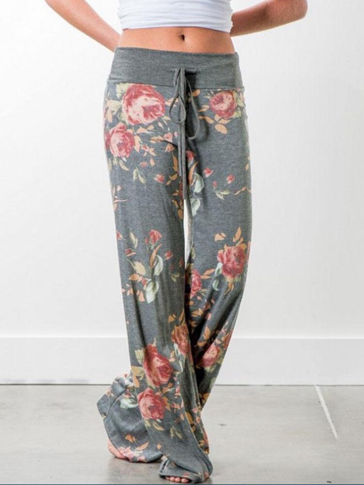 Dame Pluss Størrelse Blomster Print Snøring Midje Løs Hjem Uformell Pyjamas Bukser