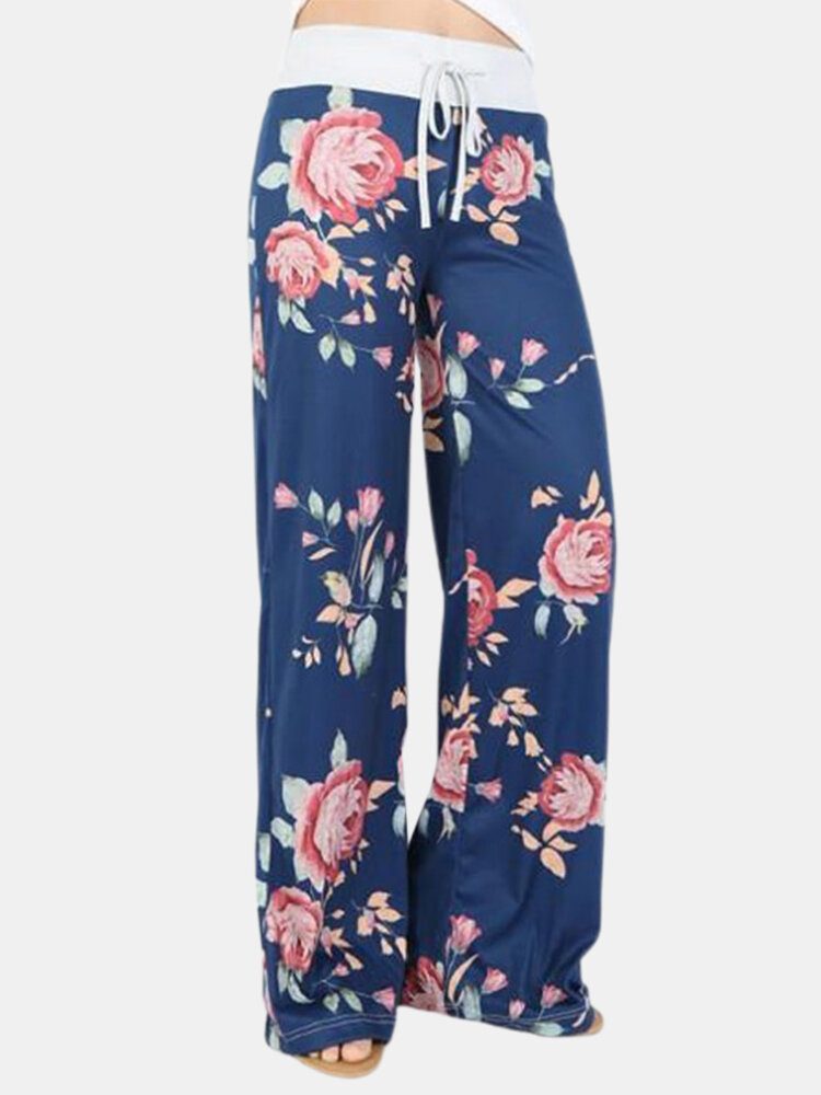 Dame Pluss Størrelse Blomster Print Snøring Midje Løs Hjem Uformell Pyjamas Bukser