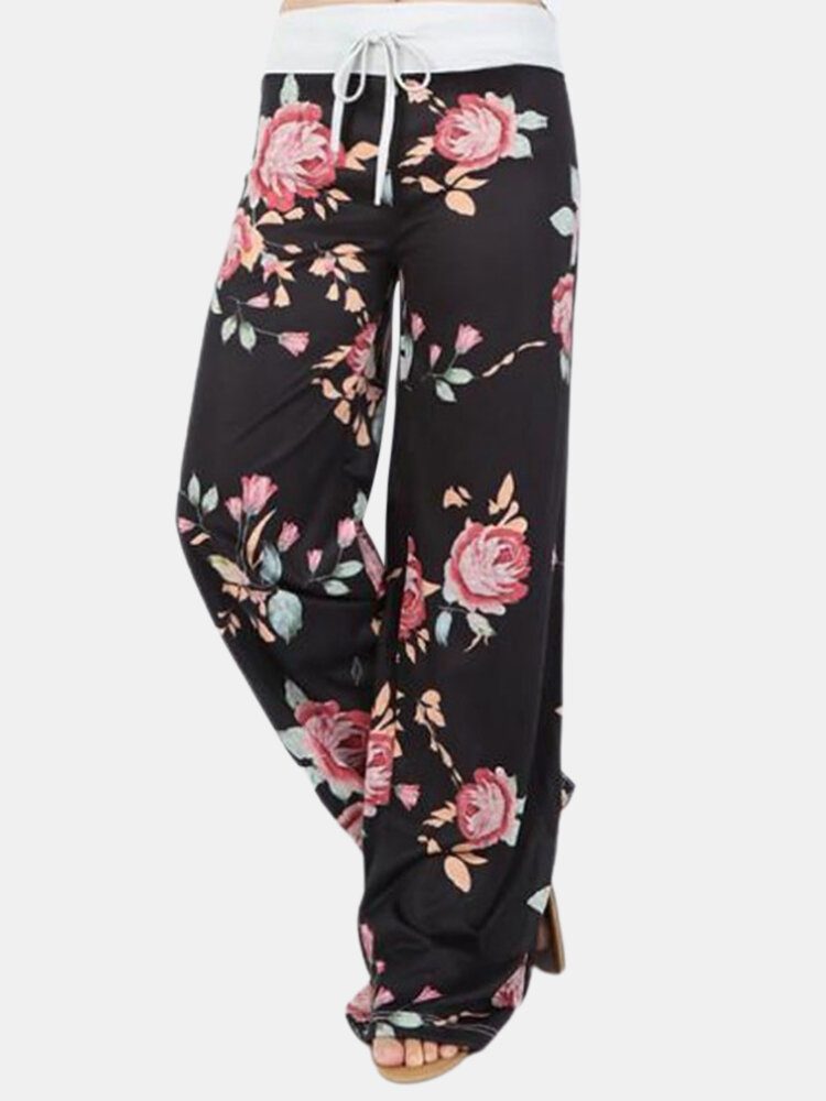 Dame Pluss Størrelse Blomster Print Snøring Midje Løs Hjem Uformell Pyjamas Bukser