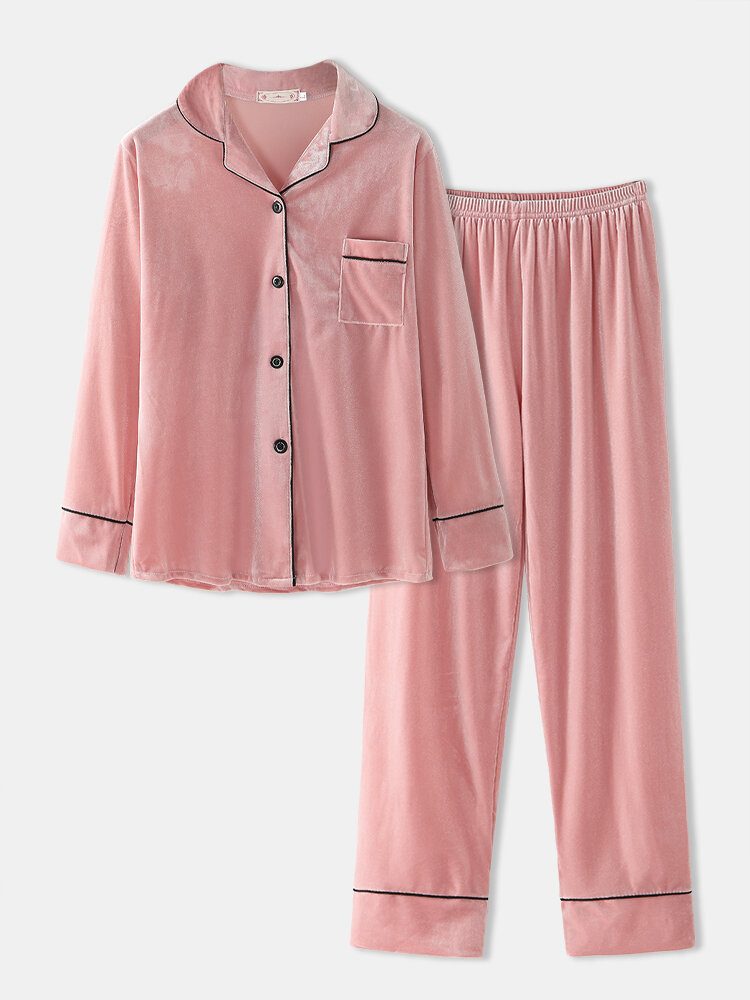 Dame Pluss Størrelse Velvet Lapel Button Løse Rette Bukser Homewear Lounge Solid Pyjamassett