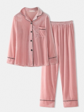 Dame Pluss Størrelse Velvet Lapel Button Løse Rette Bukser Homewear Lounge Solid Pyjamassett