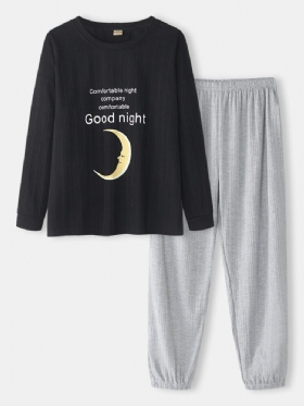 Dame Rib Moon Letter Print O-hals Bomullsmansjettbukser Pyjamassett