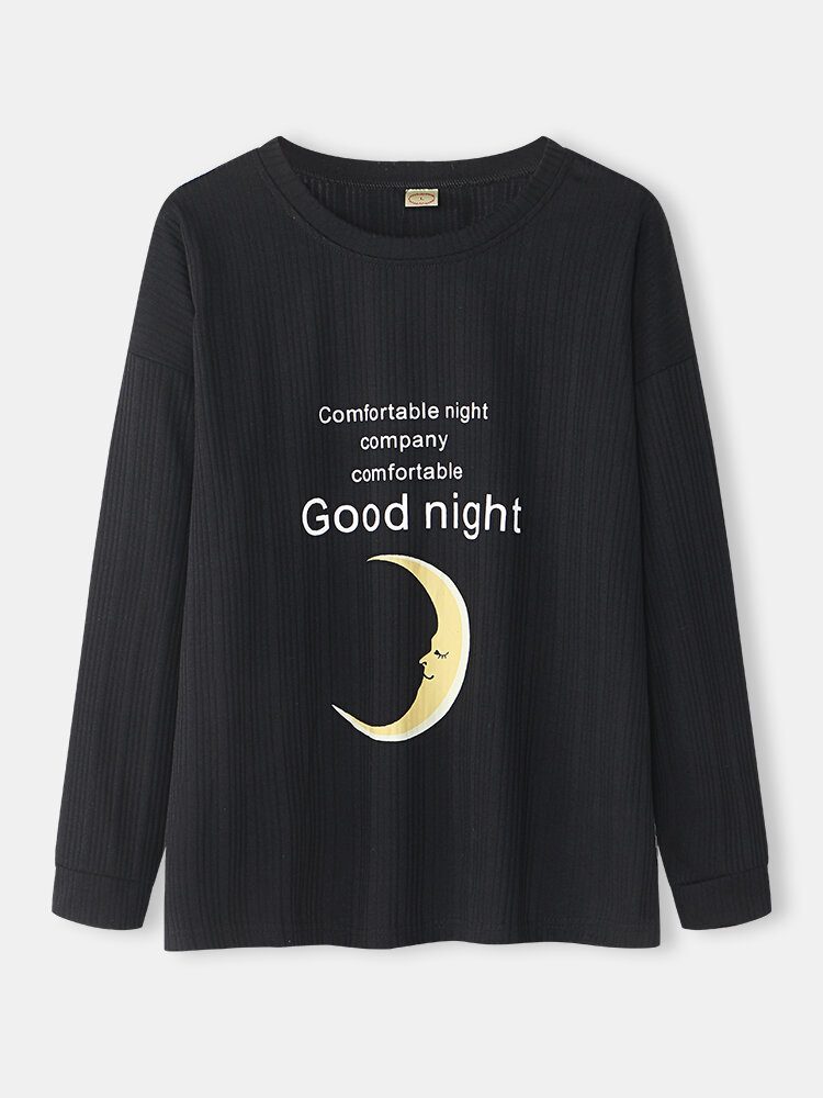 Dame Rib Moon Letter Print O-hals Bomullsmansjettbukser Pyjamassett