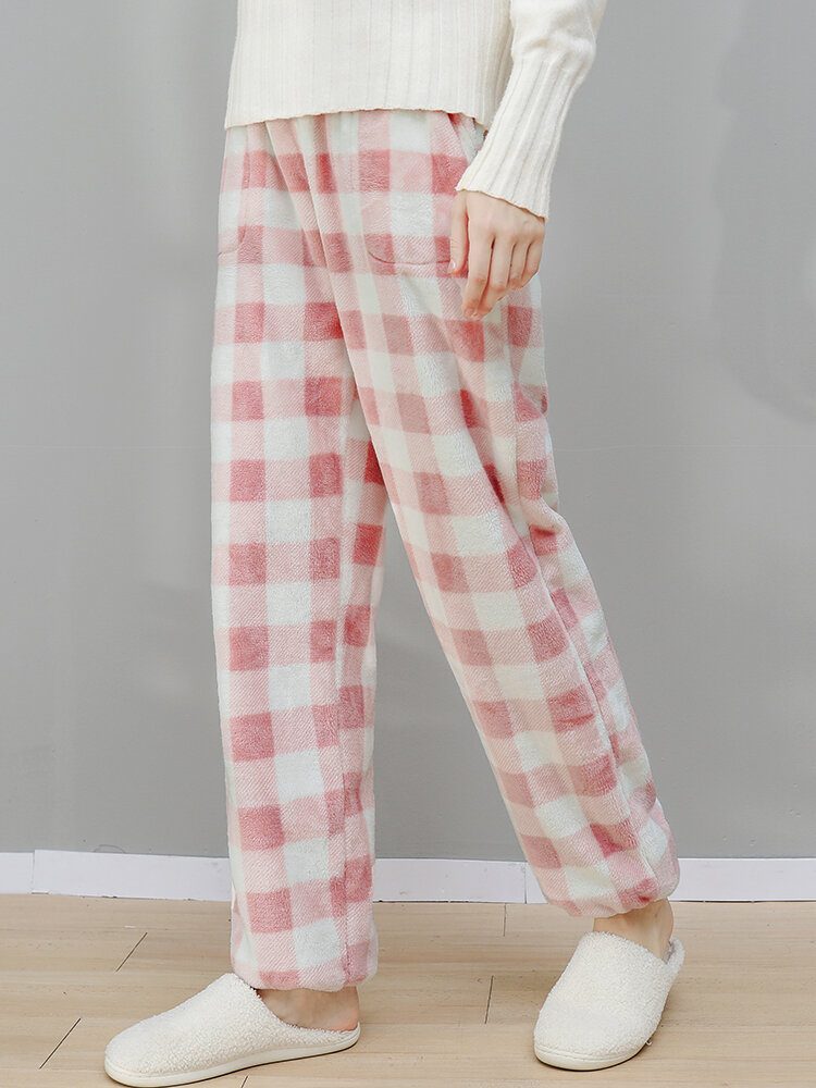 Dame Rutete Mønster Plysj Thicken Warm Home Nightwear Bukser