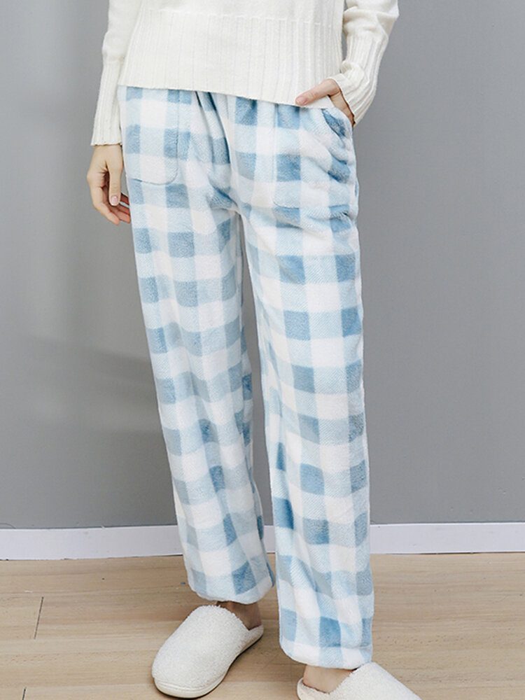 Dame Rutete Mønster Plysj Thicken Warm Home Nightwear Bukser