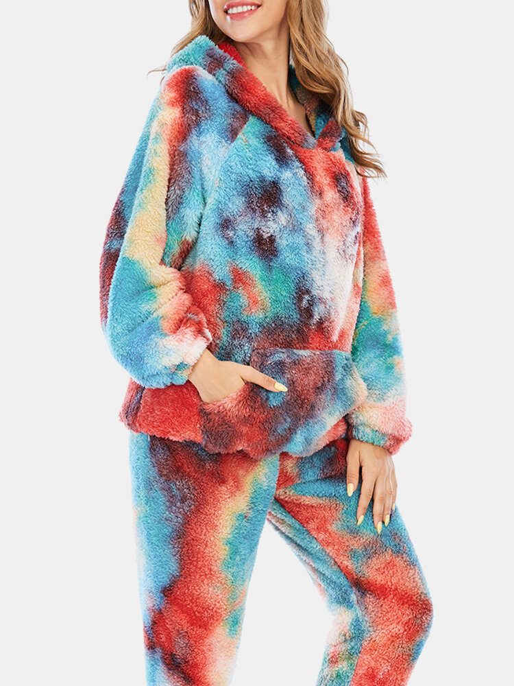 Dame Tie Dye Fleece Kangaroo Pocket Hoodie Bukser Hjem Sleepweat Casual Pysjamassett