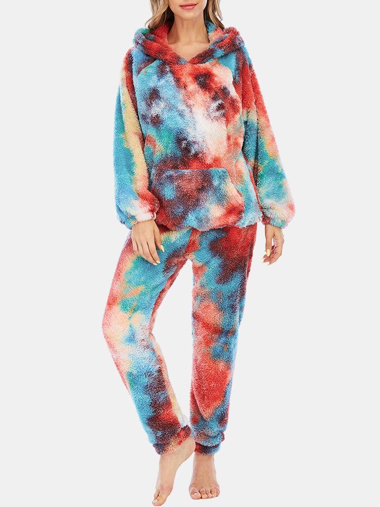 Dame Tie Dye Fleece Kangaroo Pocket Hoodie Bukser Hjem Sleepweat Casual Pysjamassett