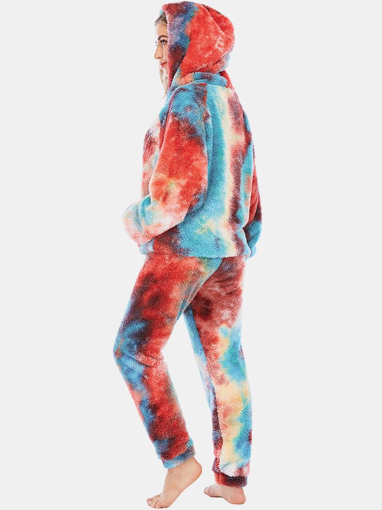 Dame Tie Dye Fleece Kangaroo Pocket Hoodie Bukser Hjem Sleepweat Casual Pysjamassett