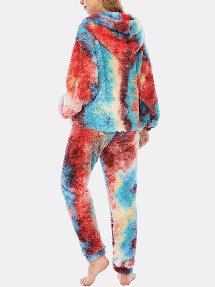 Dame Tie Dye Fleece Kangaroo Pocket Hoodie Bukser Hjem Sleepweat Casual Pysjamassett