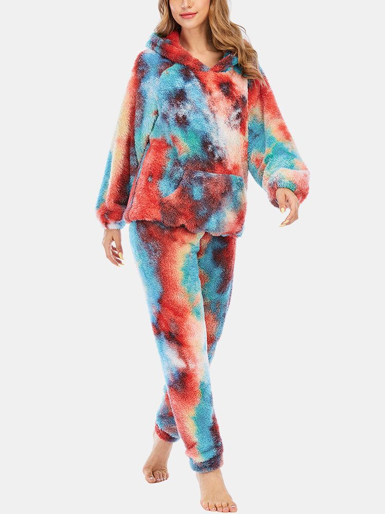 Dame Tie Dye Fleece Kangaroo Pocket Hoodie Bukser Hjem Sleepweat Casual Pysjamassett