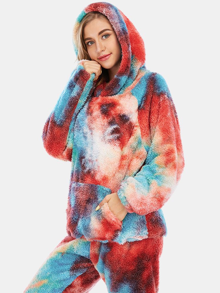 Dame Tie Dye Fleece Kangaroo Pocket Hoodie Bukser Hjem Sleepweat Casual Pysjamassett