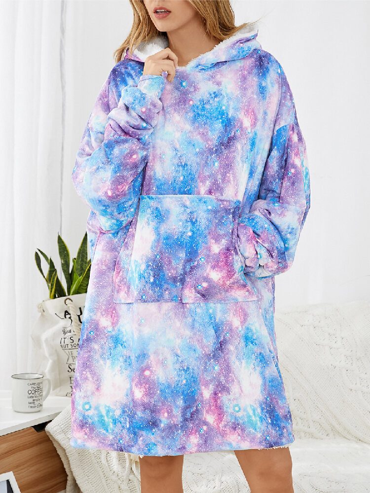 Damedesign Starry Sky Tie Dye Print Overdimensjonert Vendbar Hjemmeklær Fleecefôret Vendbart Teppe Hettegenser Med Lommelomme