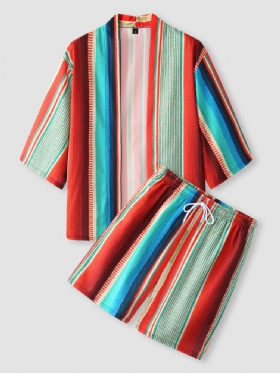 Fargerike Stripetrykk For Menn Kimono Etnisk Stil Todelt Antrekk