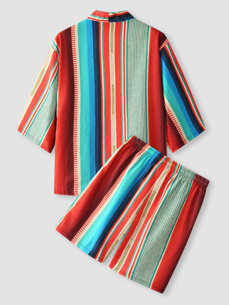 Fargerike Stripetrykk For Menn Kimono Etnisk Stil Todelt Antrekk