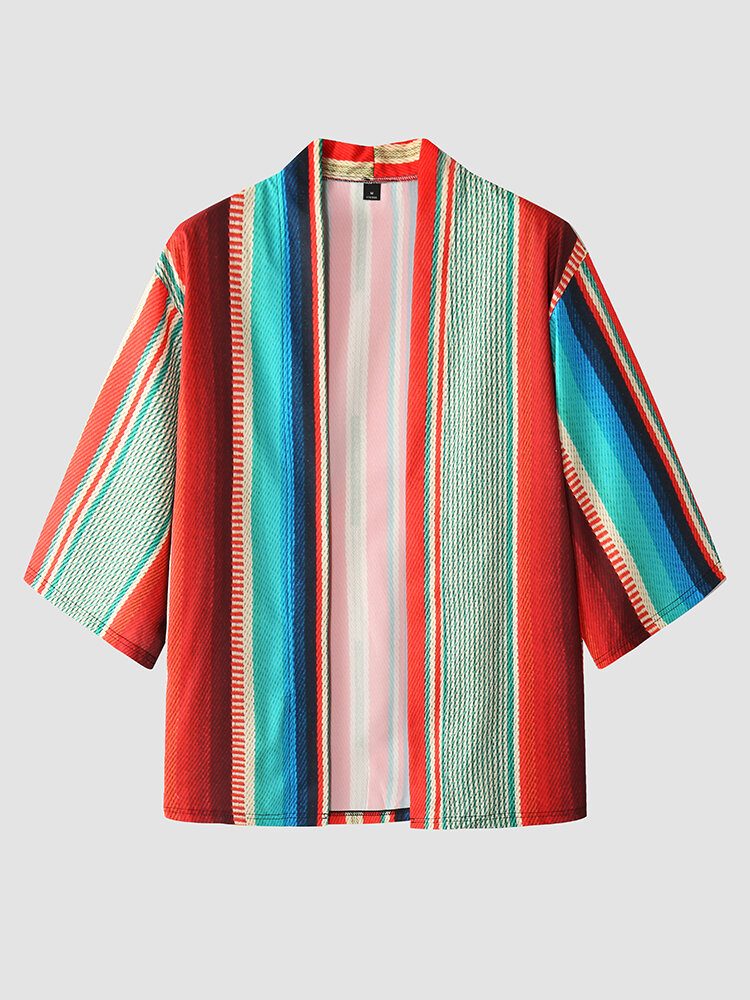 Fargerike Stripetrykk For Menn Kimono Etnisk Stil Todelt Antrekk