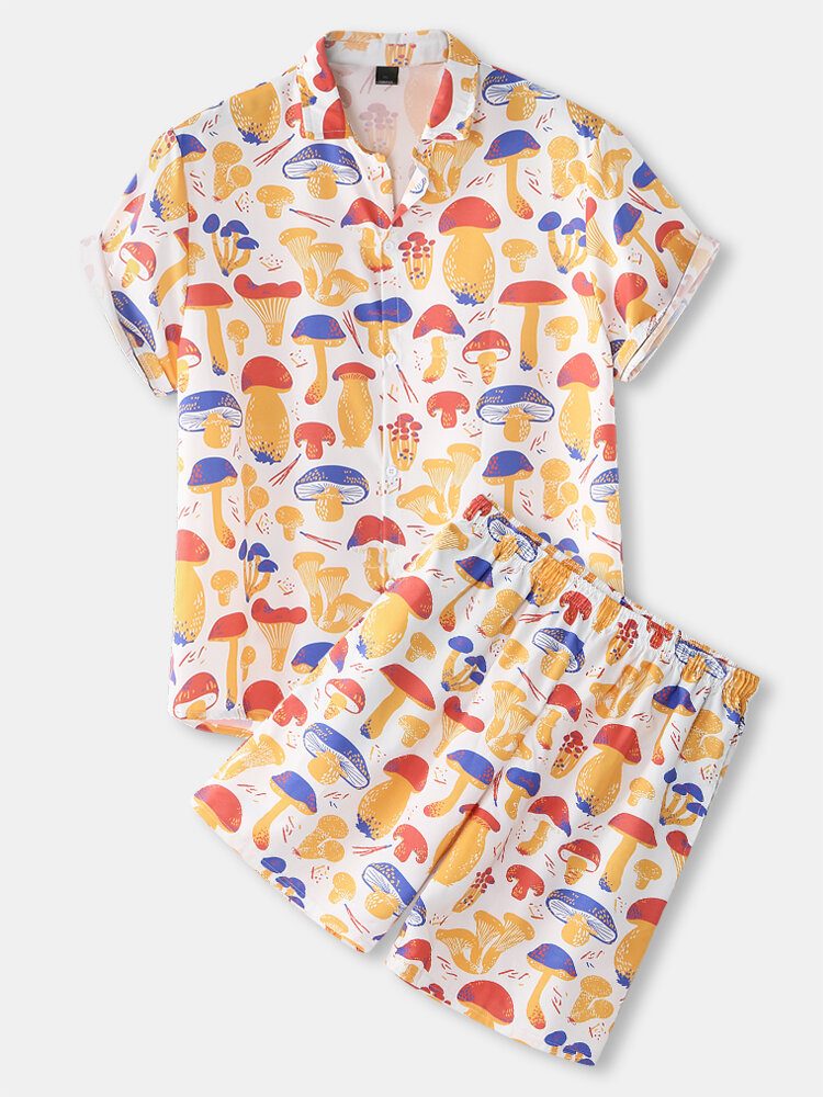 Fargerikt Sopptrykk For Menn Tynt Løs Holiday Beach Loungewear Kortermet Pyjamassett