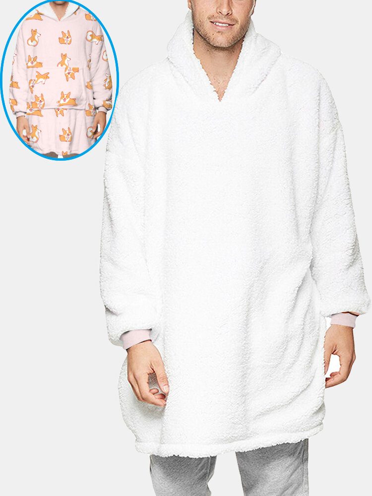 Fleece Med Hundetrykk For Menn Tosidig Brukbart Teppe Hettegenser Loungewear Med Praktisk Lomme