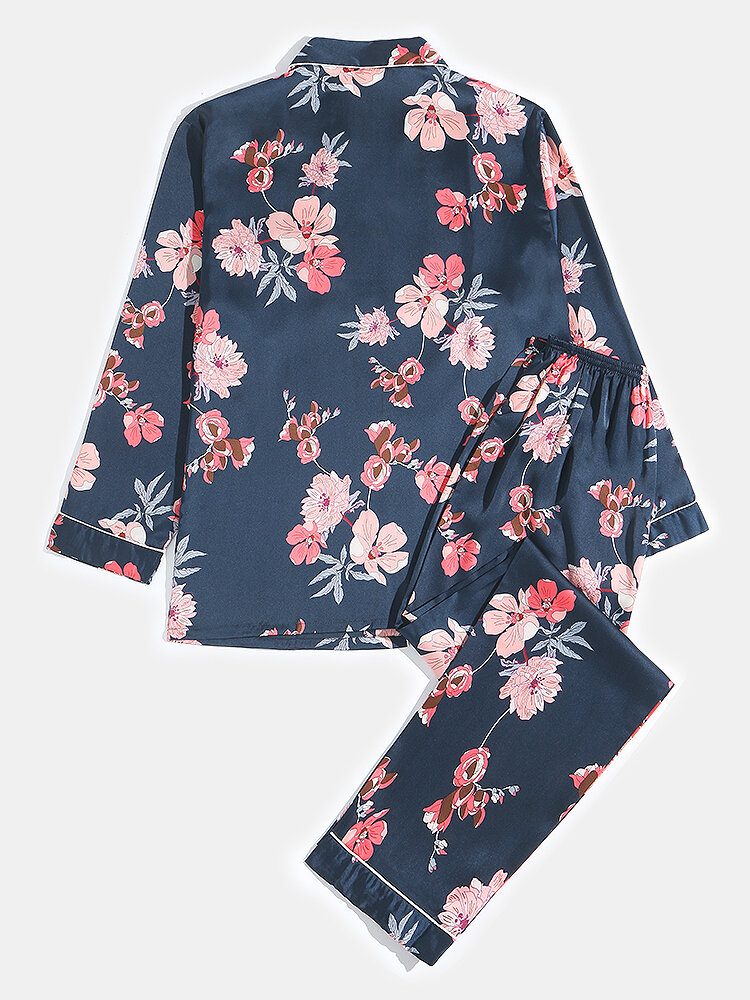 Herre Blomstertrykk Rever Krage Langermet Pyjamassett Med Kontrastbinding