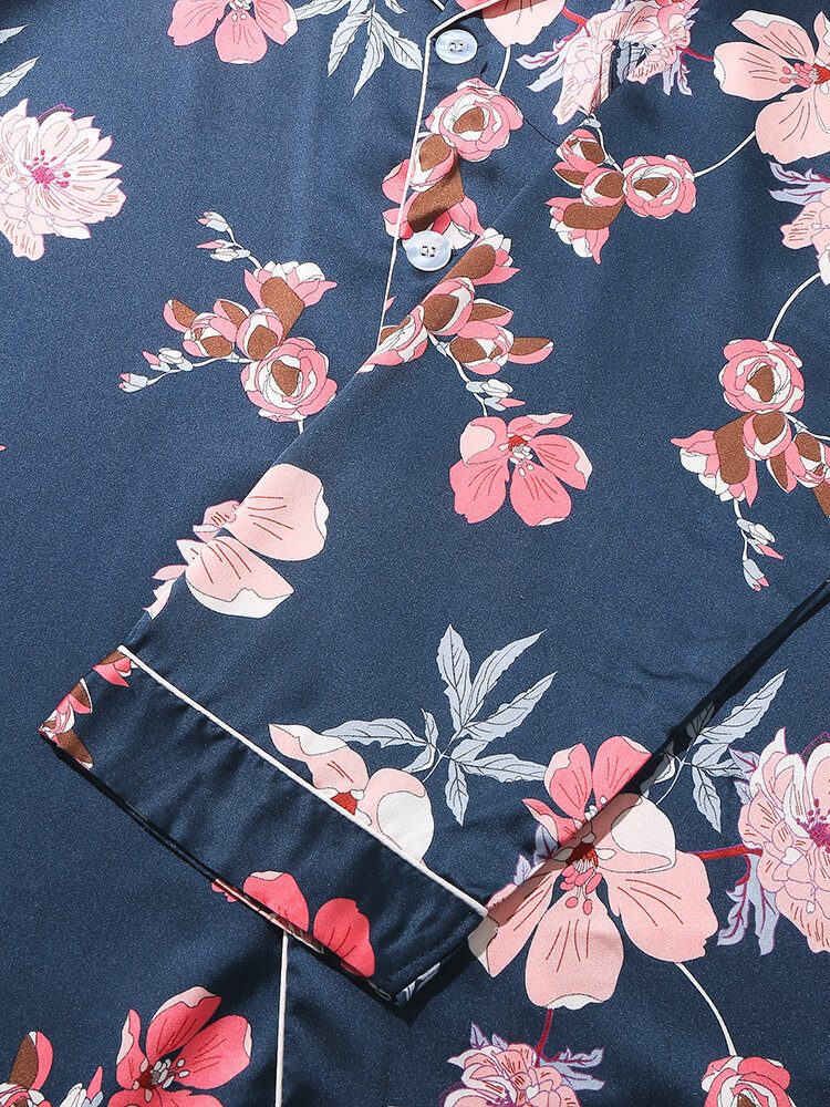 Herre Blomstertrykk Rever Krage Langermet Pyjamassett Med Kontrastbinding