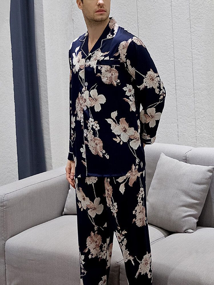 Herre Blomstertrykk Rever Krage Langermet Pyjamassett Med Kontrastbinding