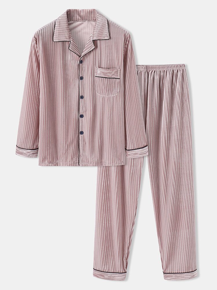 Herre Coral Fleece Lapel Button Up Langermet Løse Bukser Todelt Home Warm Pyjamas Set