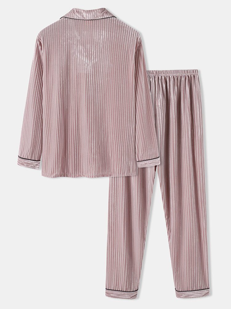 Herre Coral Fleece Lapel Button Up Langermet Løse Bukser Todelt Home Warm Pyjamas Set