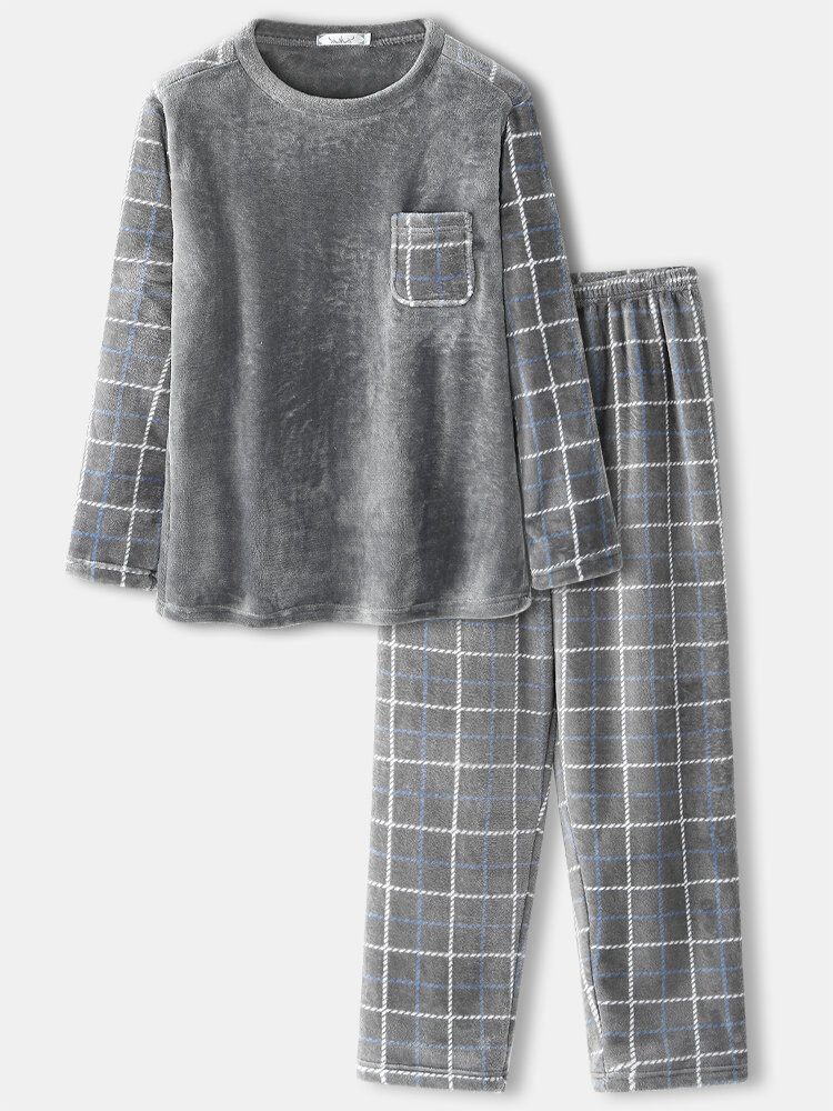 Herre Flanell Rutete Patchwork Genser Warm Thicken Loose Pants Home Comfy Pyjamas Set