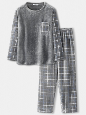 Herre Flanell Rutete Patchwork Genser Warm Thicken Loose Pants Home Comfy Pyjamas Set