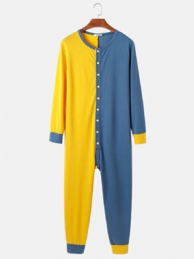 Herre Kontrastfarge Patchwork Button Up Rund Hals Jumpsuit Home Comfy Lounge Pyjamas I Ett Stykke