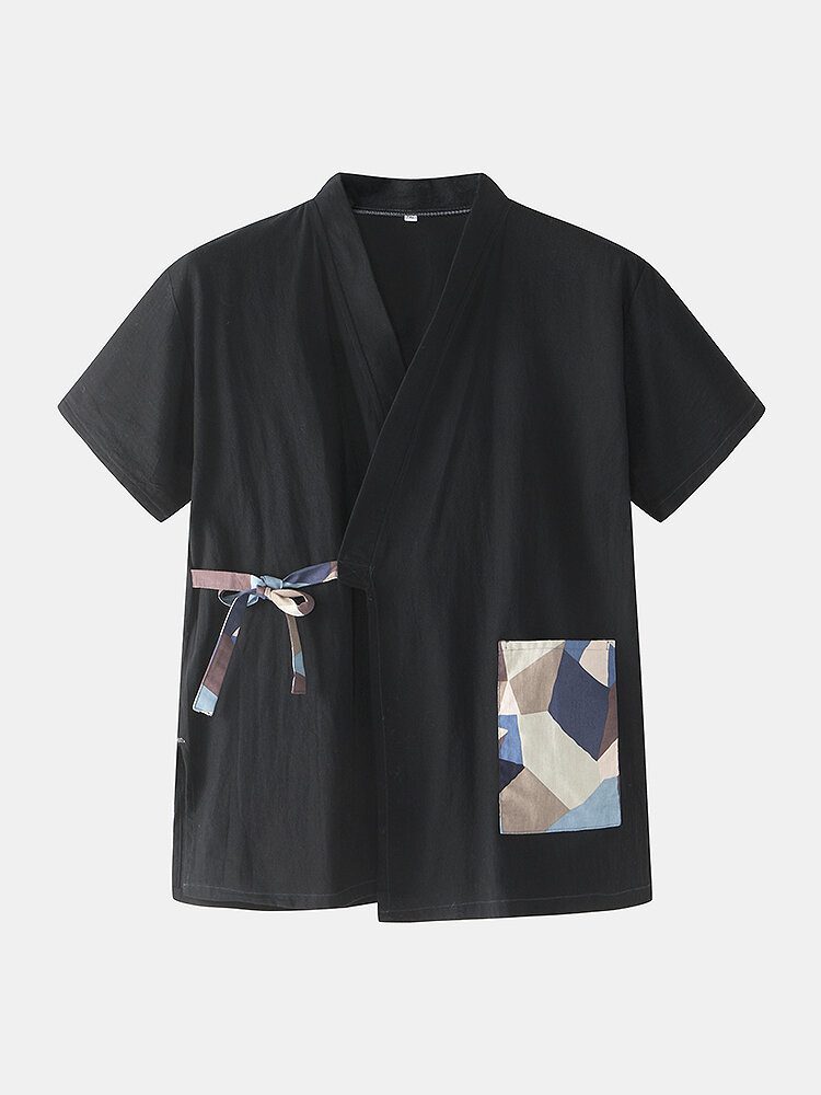 Herre Med Geometrisk Trykk V-hals Topp Elastisk Midjelomme Japansk Stil Badstuedrakt Hjemmepyjamas